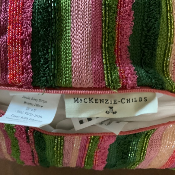 MacKenzie-Childs Really Rosy, Bolster Green and Pink Striped Pillow. Retired - Picture 5 of 8